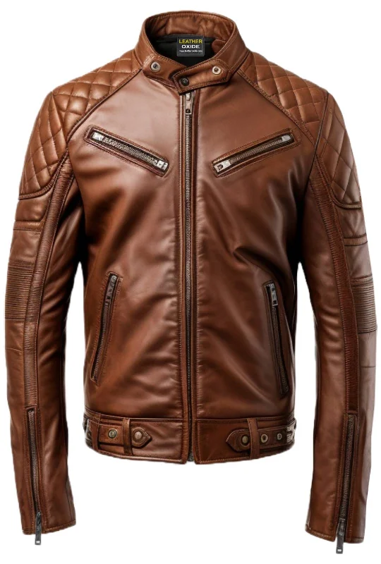 Men Brown Racer Cafe Moto Leather Jacket - Biker Jacket Men