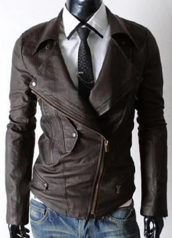 Biker Style Slim Fit Brown Leather Jacket