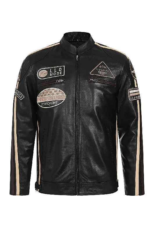 Men's Real Leather Biker Jacket with Racing Stripes and Badges - 'BLAKE'