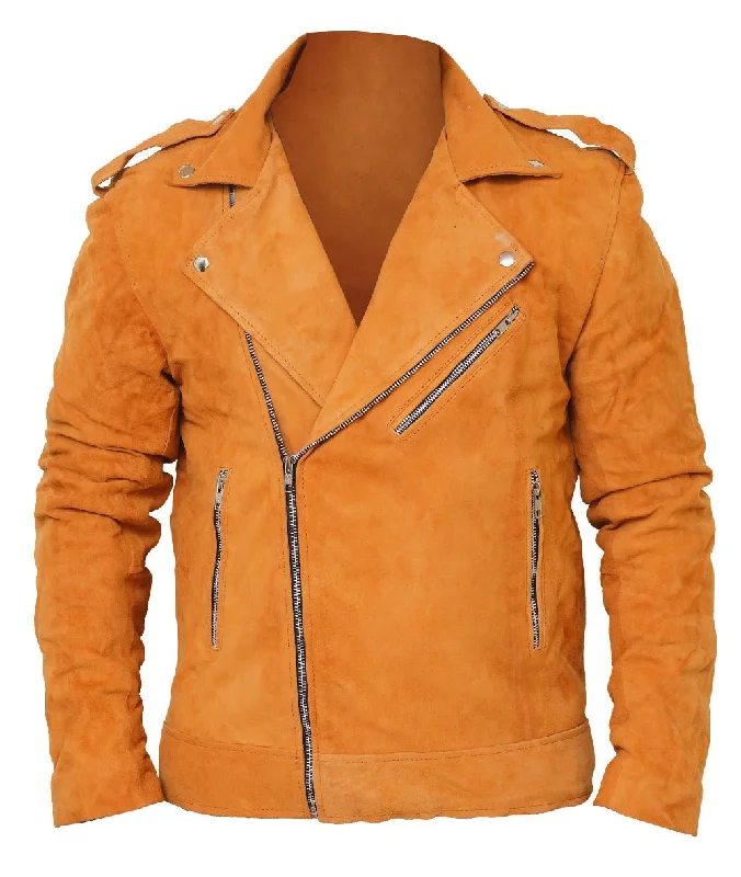 Men Suede Leather Camel Color Biker Leather Jacket