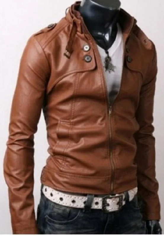 Button Pocket Slim Fit Rider Brown Leather Jacket