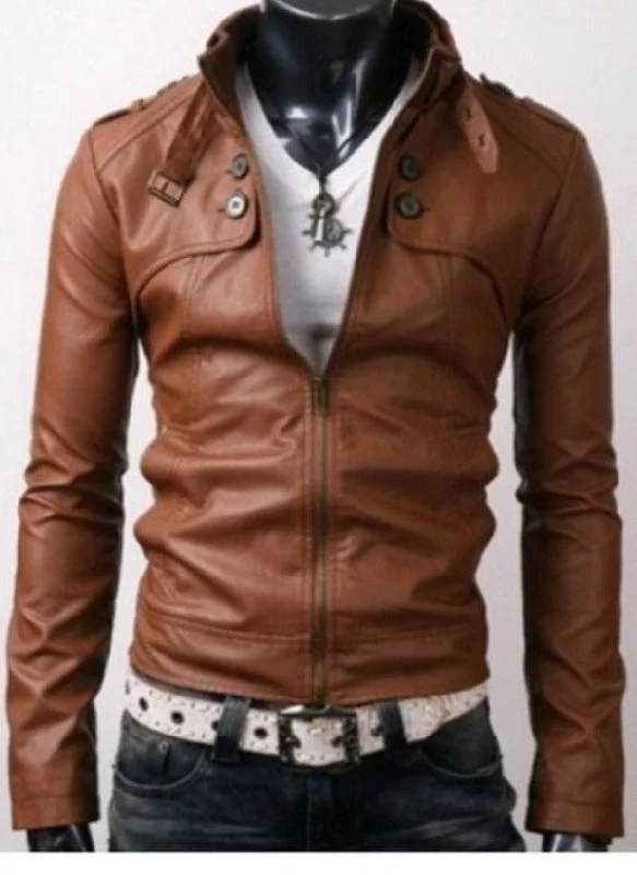 Button Pocket Slim Fit Rider Brown Leather Jacket