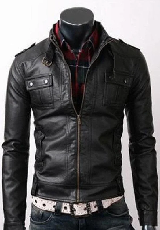 Men Black Strap Pocket Biker Leather Jacket