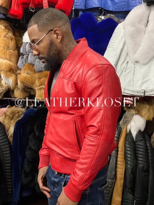 Men's Classic Baseball Leather Jacket Red