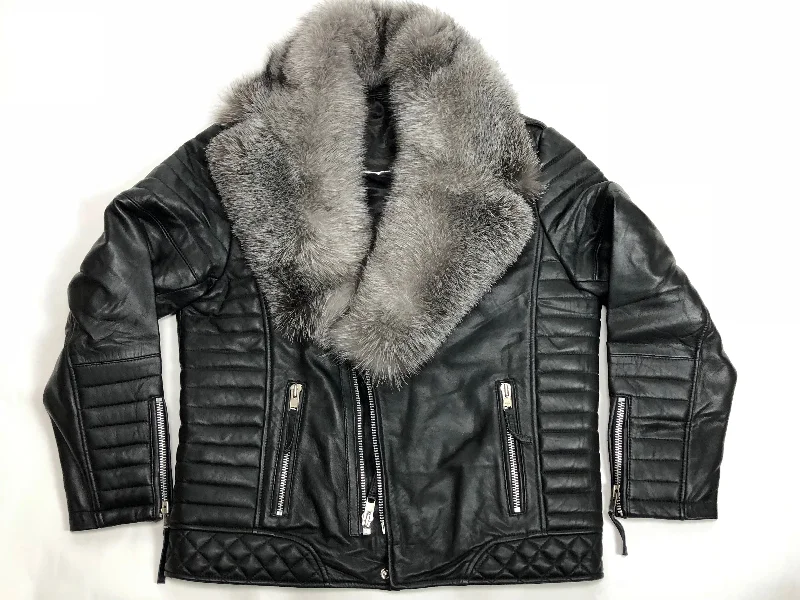 Men's Jay Biker Jacket Black With Full Silver Fox Collar