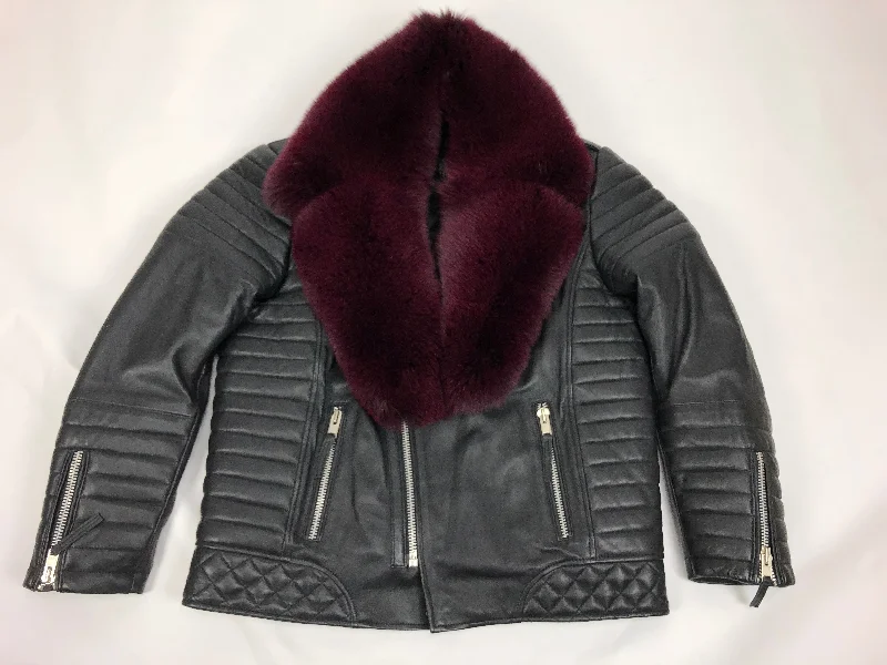 Men's Jay Biker Jacket Black With Full Burgundy Fox Collar