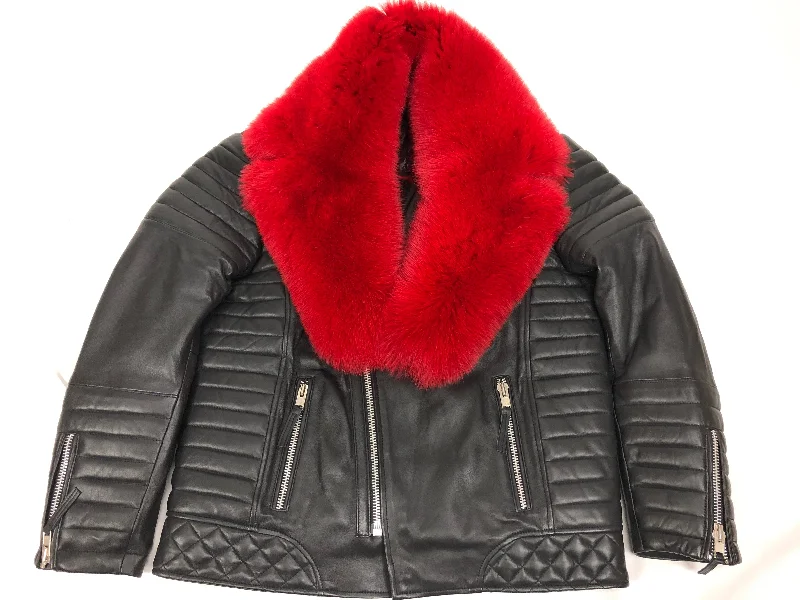 Men's Jay Biker Jacket Black With Full Red Fox Collar