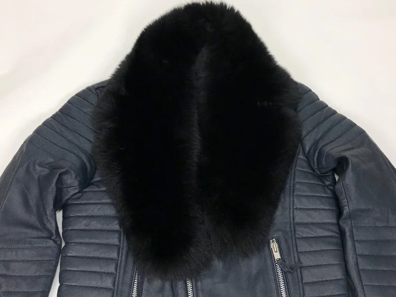 Men's Jay Biker Jacket Navy Blue With Full Black Fox Collar