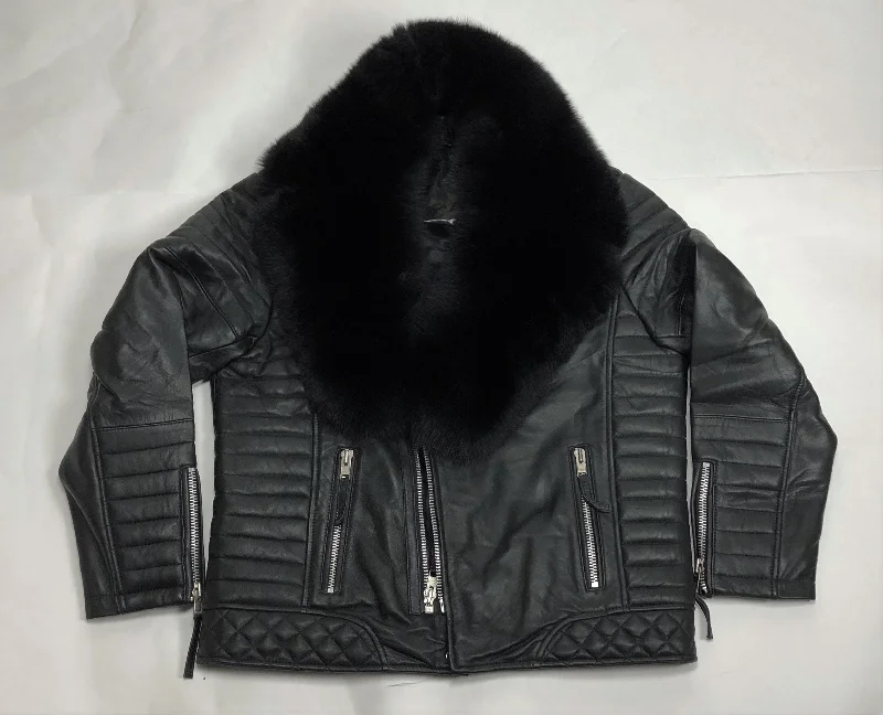 Men's Jay Biker Jacket Black With Full Black Fox Collar