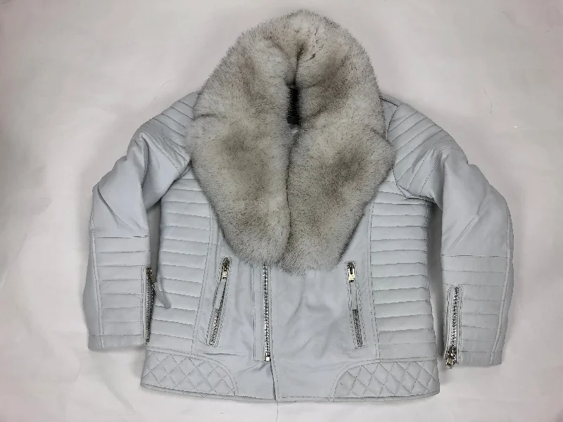 Men's Jay Biker Jacket White With Full Siberian Fox Collar