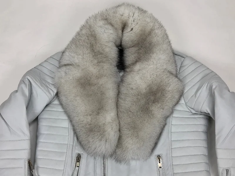 Men's Jay Biker Jacket White With Full Siberian Fox Collar