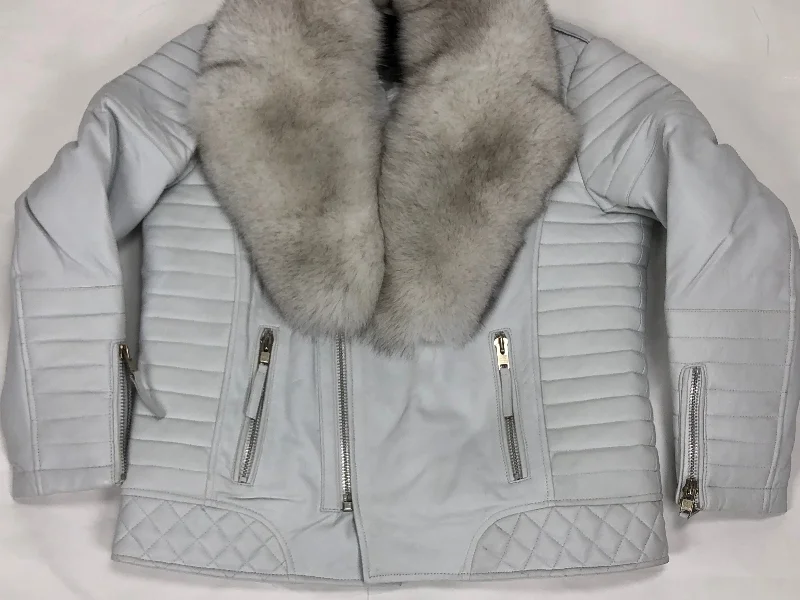 Men's Jay Biker Jacket White With Full Siberian Fox Collar