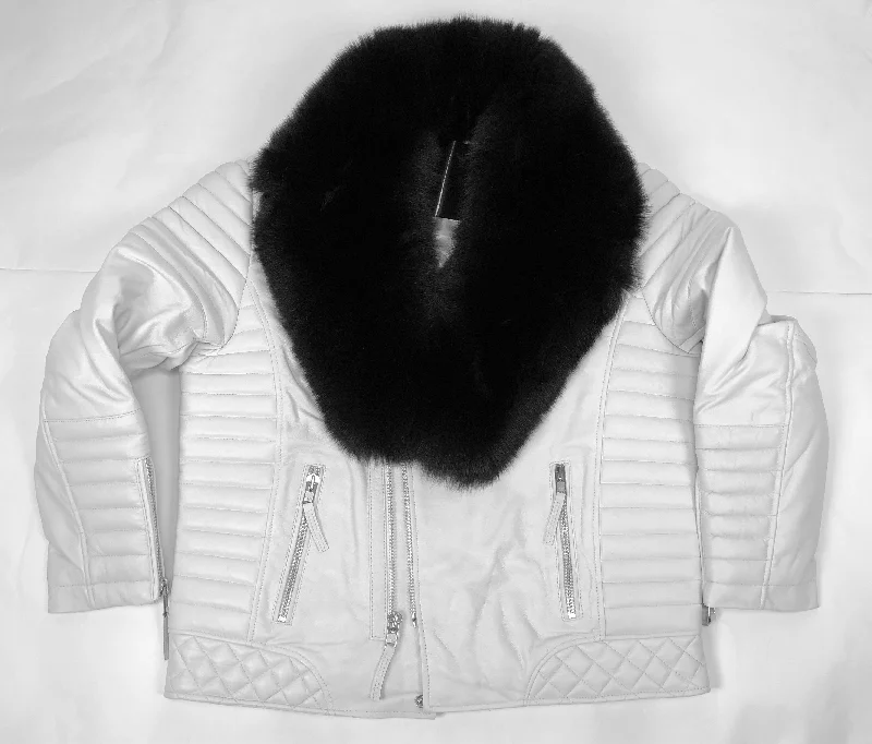 Men's Jay Biker Jacket White With Full Black Fox Collar