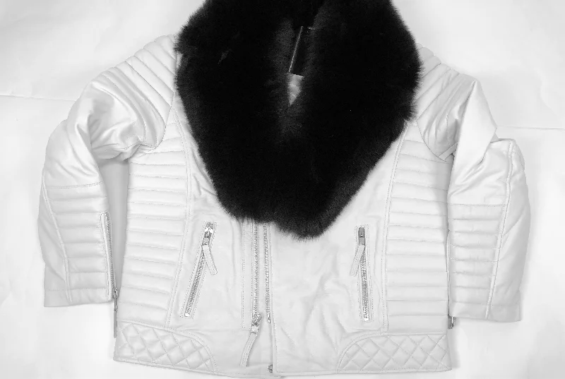 Men's Jay Biker Jacket White With Full Black Fox Collar