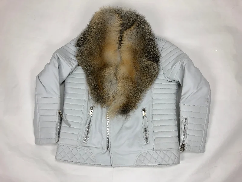 Men's Jay Biker Jacket White With Full Red Fox Collar