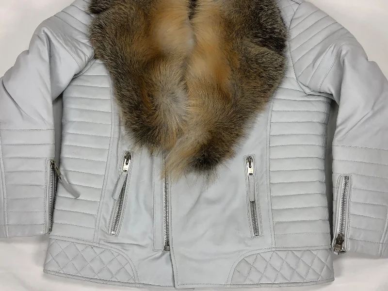 Men's Jay Biker Jacket White With Full Red Fox Collar