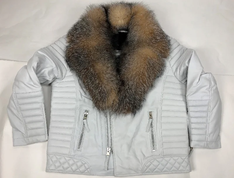 Men's Jay Biker Jacket White With Full Crystal Fox Collar