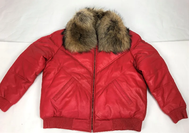 Men's V-Bomber Red Premium Racoon Collar