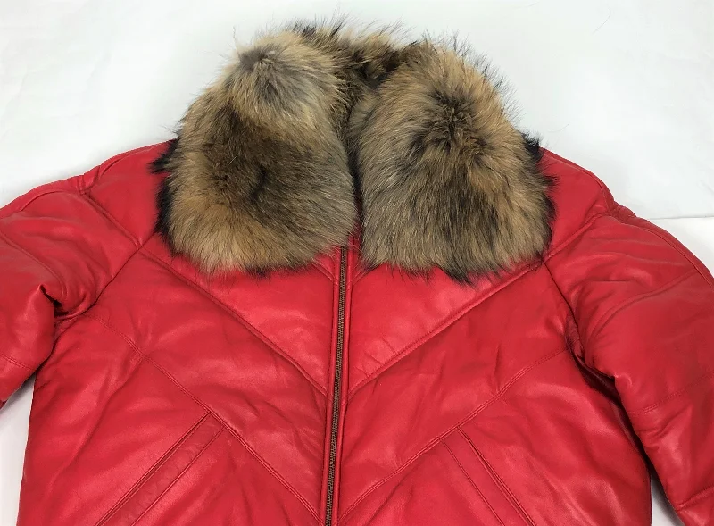 Men's V-Bomber Red Premium Racoon Collar