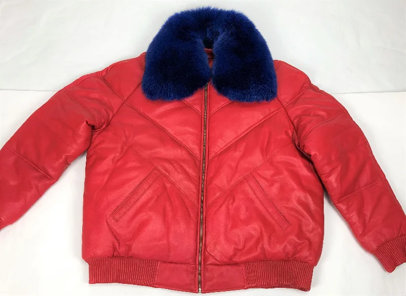 Men's V-Bomber Red Premium Royal Blue Fox Collar