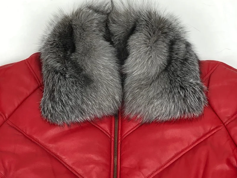 Men's V-Bomber Red Premium Silver Fox Collar