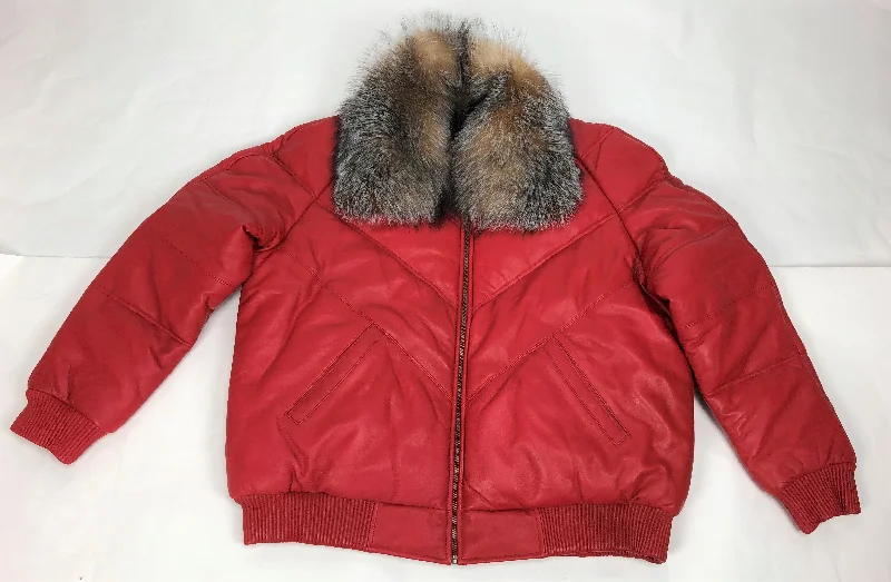 Men's V-Bomber Red Premium Crystal Fox Collar