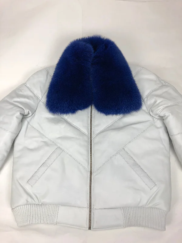 Men's V-Bomber White Premium Royal Blue Fox Collar