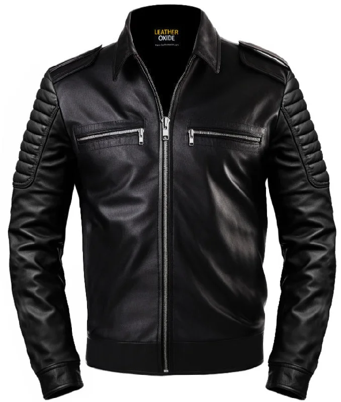 Men Slim-fit Rider Black Leather Flap Pocket Jacket