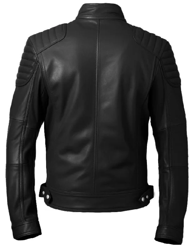 Men Slim-fit Rider Black Leather Flap Pocket Jacket