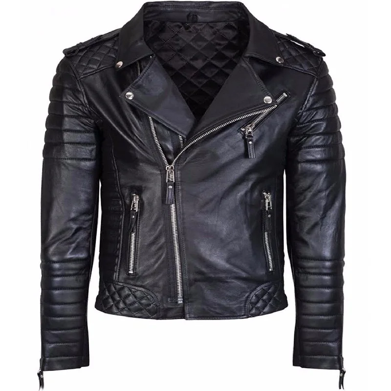 Diamond quilted black leather jacket