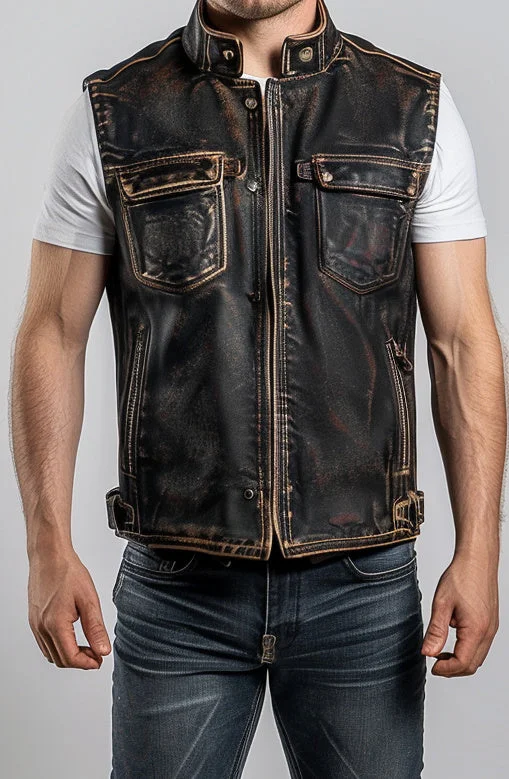 Enzo Men Vintage Brown Leather Vest