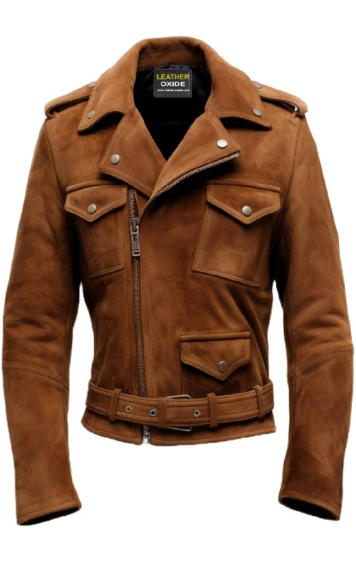 Men Biker Suede Leather Jacket Camel Brown