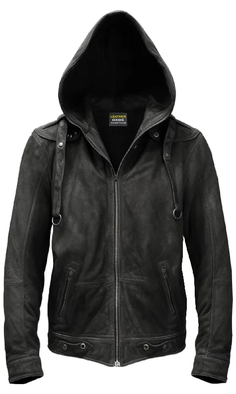 Men Black Hooded Suede Leather Jacket