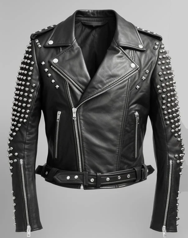 Men Black Leather Jacket - Black Biker Studded Jacket