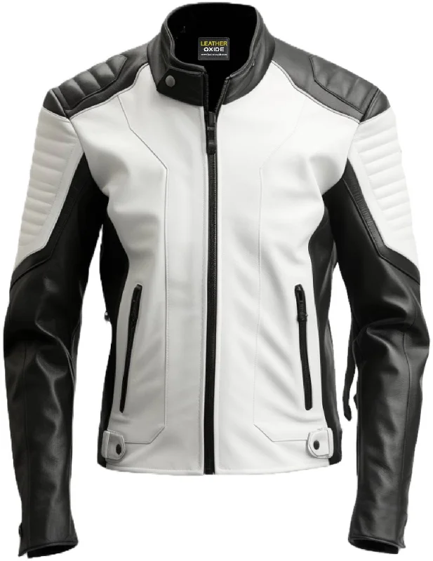 Men Black White Faux Leather Jacket - Biker Leather Jacket