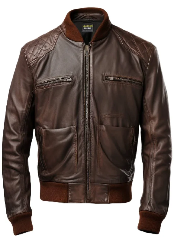 Men Brown Leather Jacket - Brown Bomber Jacket for Men