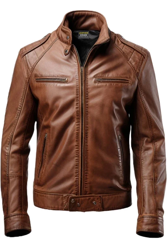 Men Brown Leather Slim fit Jacket - Brown Slim fit Jacket