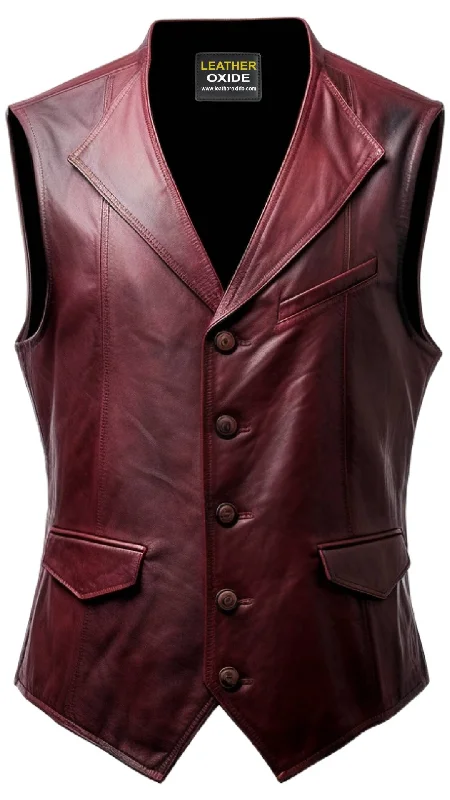 Men Burgundy Distressed Leather Vest