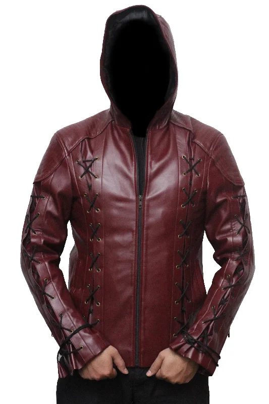 Men Faux Leather Motorcycle Hooded Jacket - Maroon