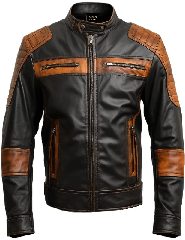 Men Leather Jacket- Orange Black Waxed