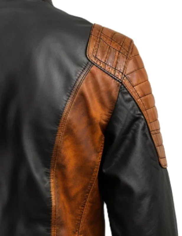 Men Leather Jacket- Orange Black Waxed