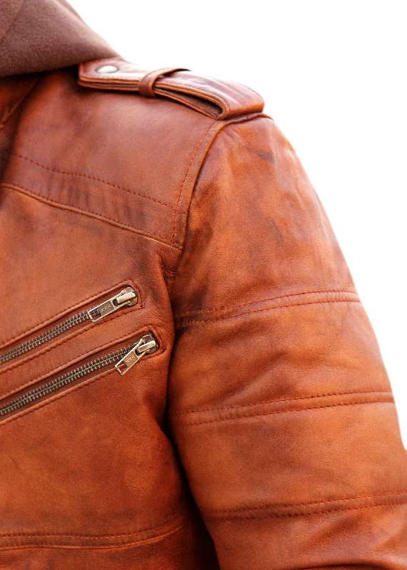 Men Leather Motorcycle Jacket with Removable Hood - Brown