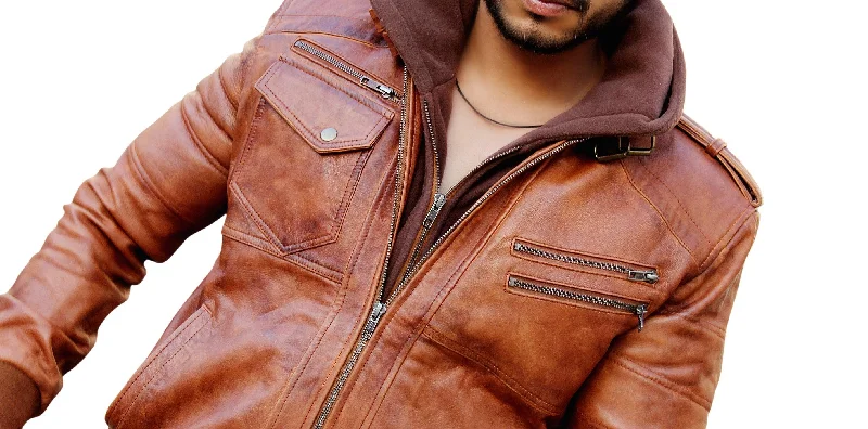 Men Leather Motorcycle Jacket with Removable Hood - Brown