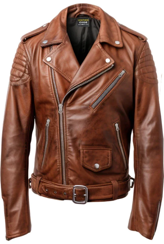 Men Real Leather Brown Biker Jacket