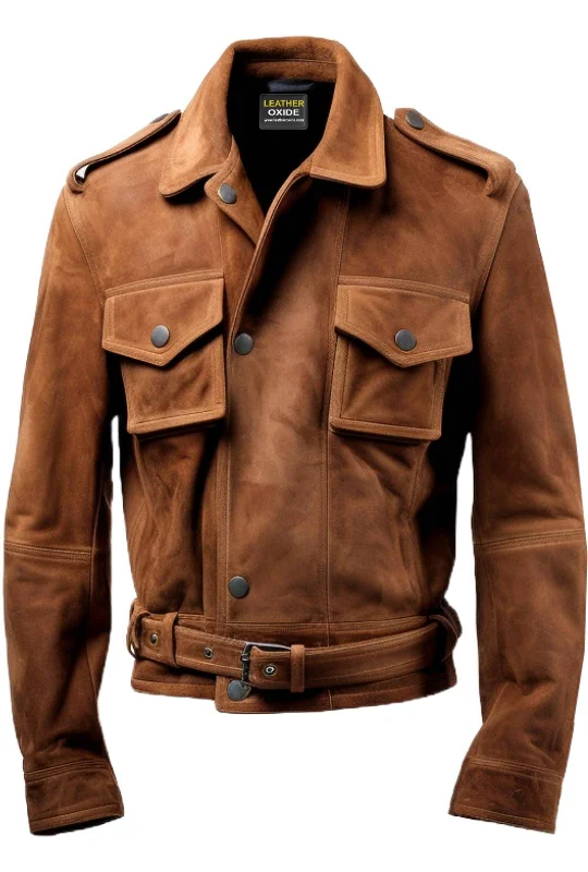 Men Strap Pockets Suede Leather Jacket