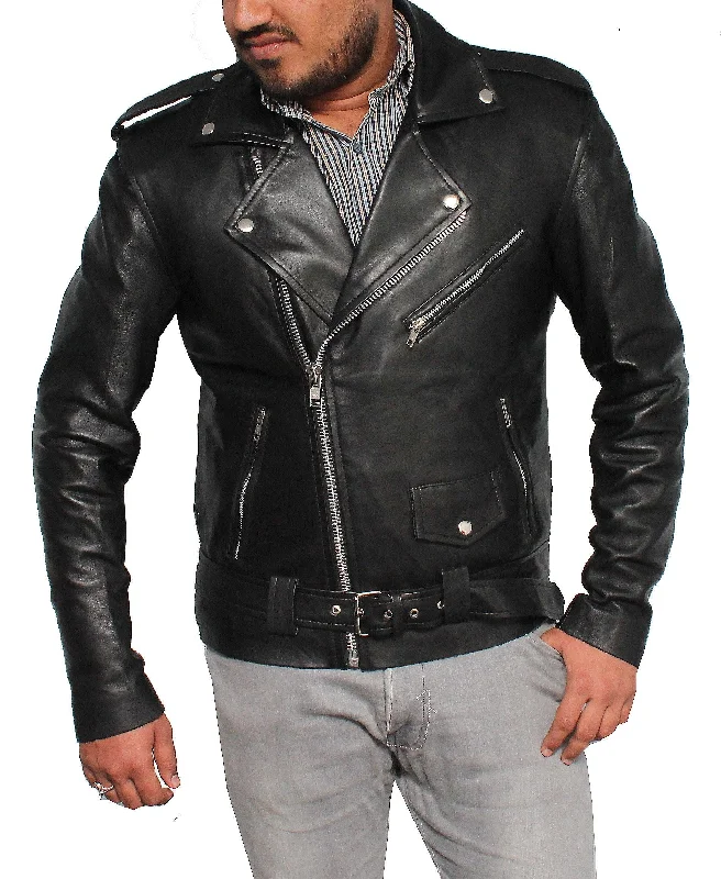 Men Stylish Real Vintage Biker Leather Jacket - Black