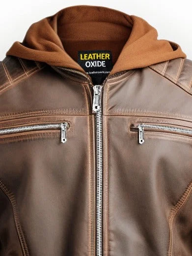 Men Voguish Brown Detachable Hooded Leather Jacket