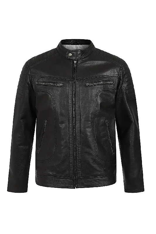 Men's Black Leather Racer Biker Style - CHARLIE