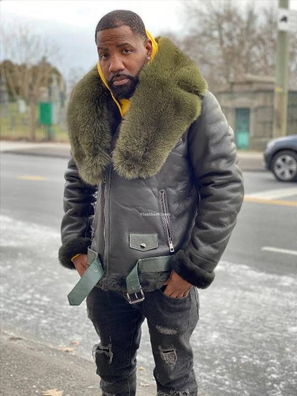 Men's Classic Sheepskin Shearling Biker Green With Fox Collar