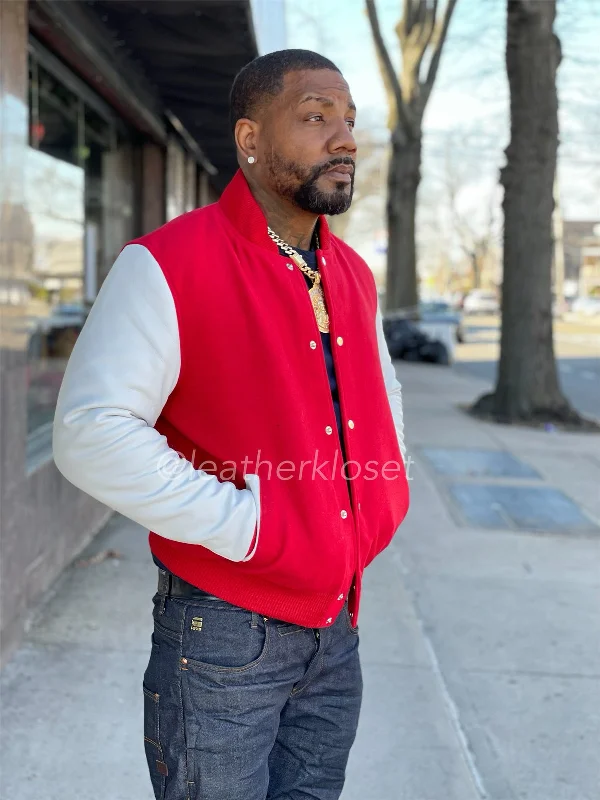 Men's Classic Wool And Leather Varsity Jacket [Red/White]